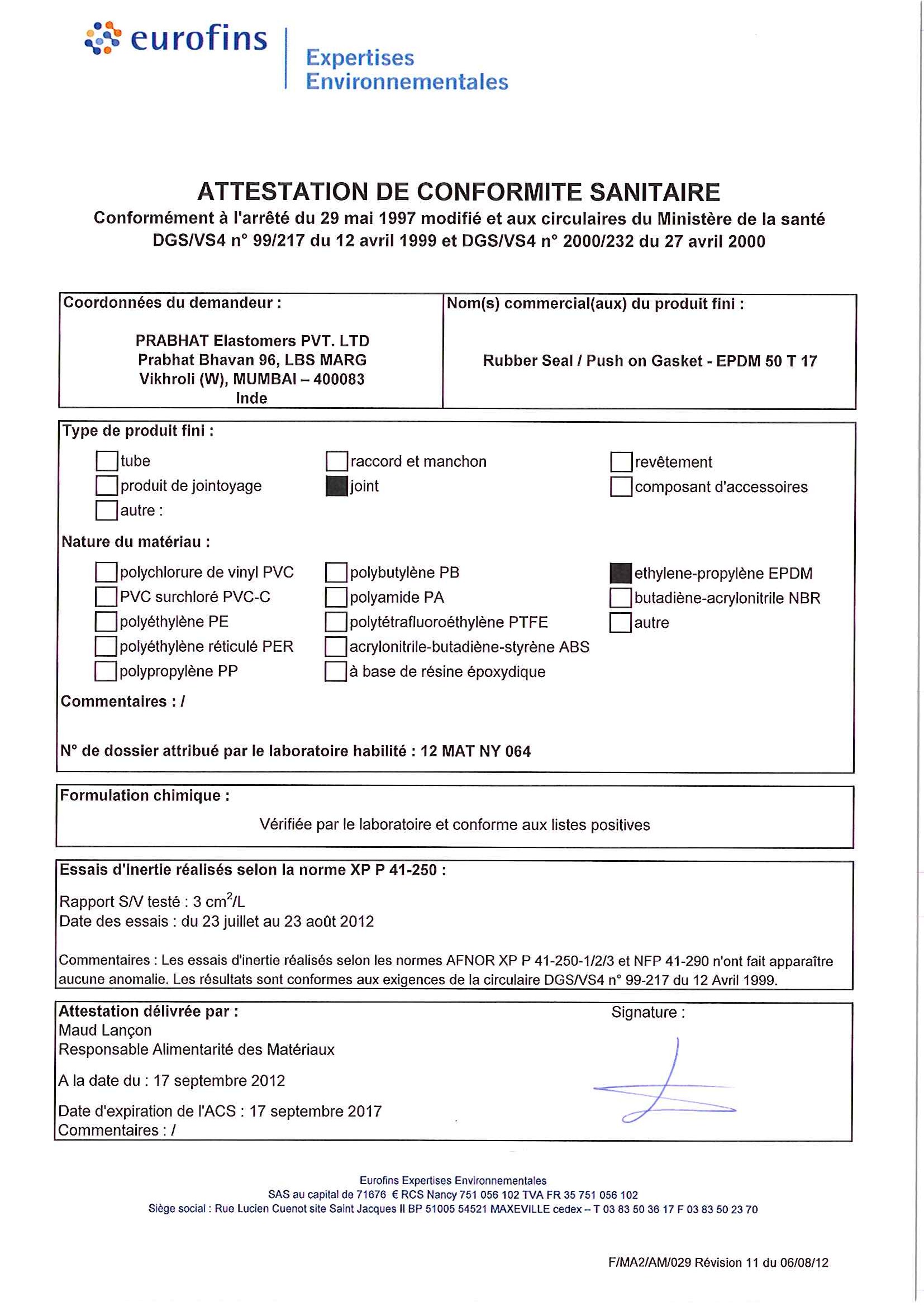 ACS Certificate EPDM AED 50 T 17